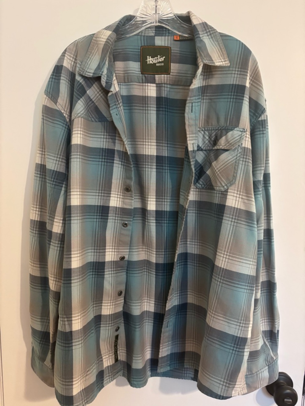 Howler Bros Teal and Gray Plaid Long-Sleeve Button-Up Shirt Flannel